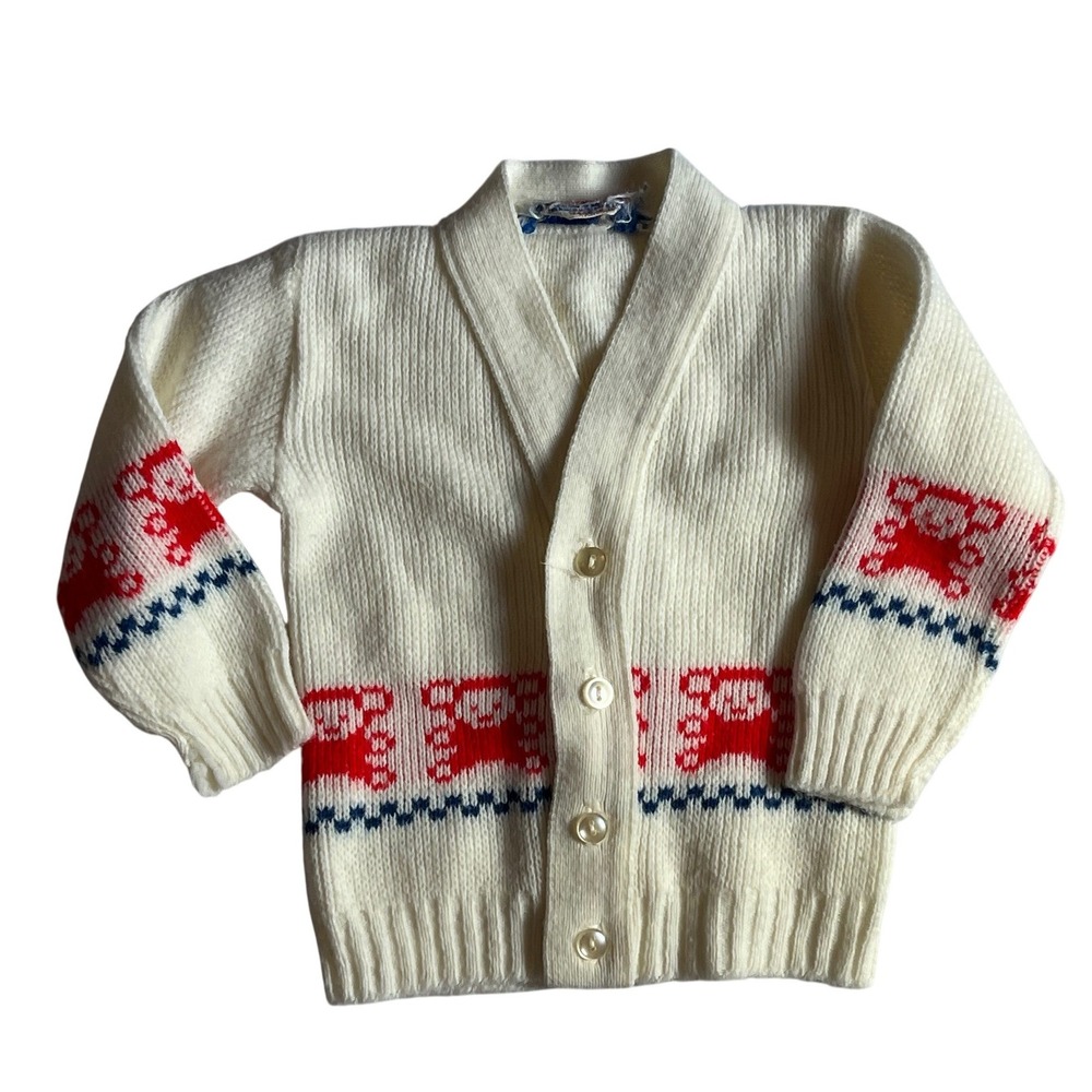 VTG Blue Bird Knitwear Baby Cardigan Sweater White Red Bear 6-9M‎ 100% Acrylic